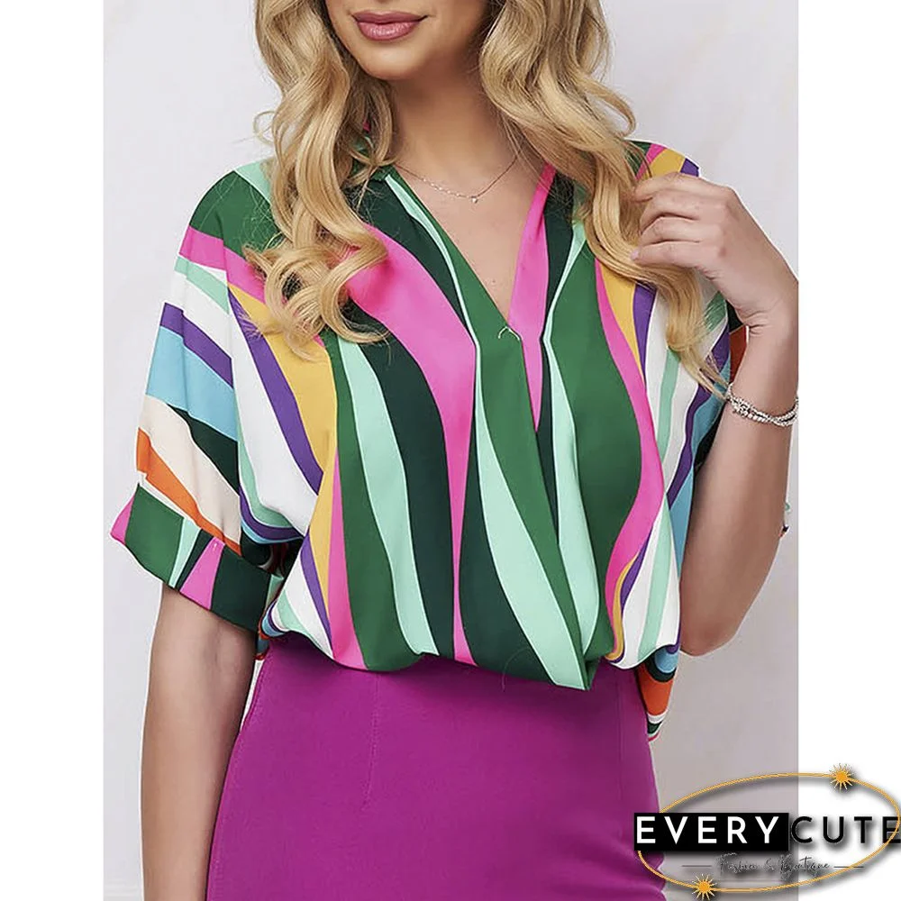 Green Striped Print Pullover Short Sleeve Shirt