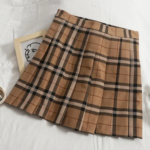 Toloer Brown Plaid Pleated Mini Skirt-Outfit Ideas