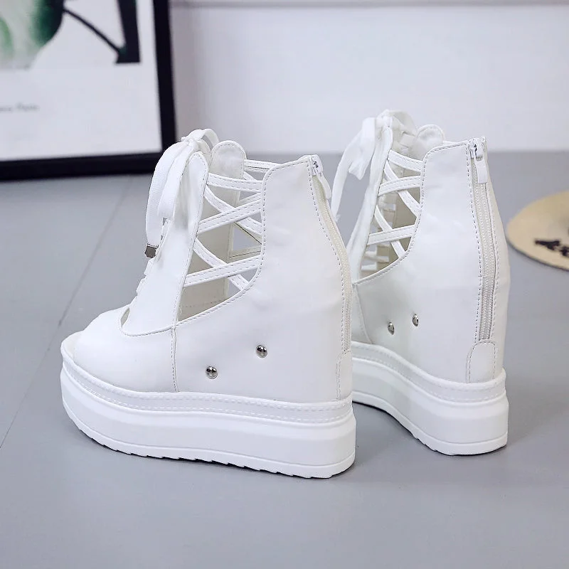 Summer Height Increasing Ankle Boots For Women Hollow Out Pep Toe Shoes Woman Fashion Cross Strap Chunky Platform Booties