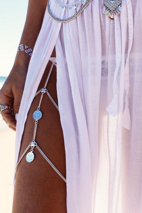 Silver Layered Coins Pendant Vintage Thigh Chain-elleschic