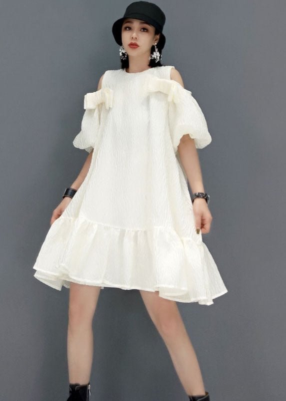 Loose White Puff Sleeve Cold Shoulder a line skirts Party Dress Summer CK2428- Fabulory