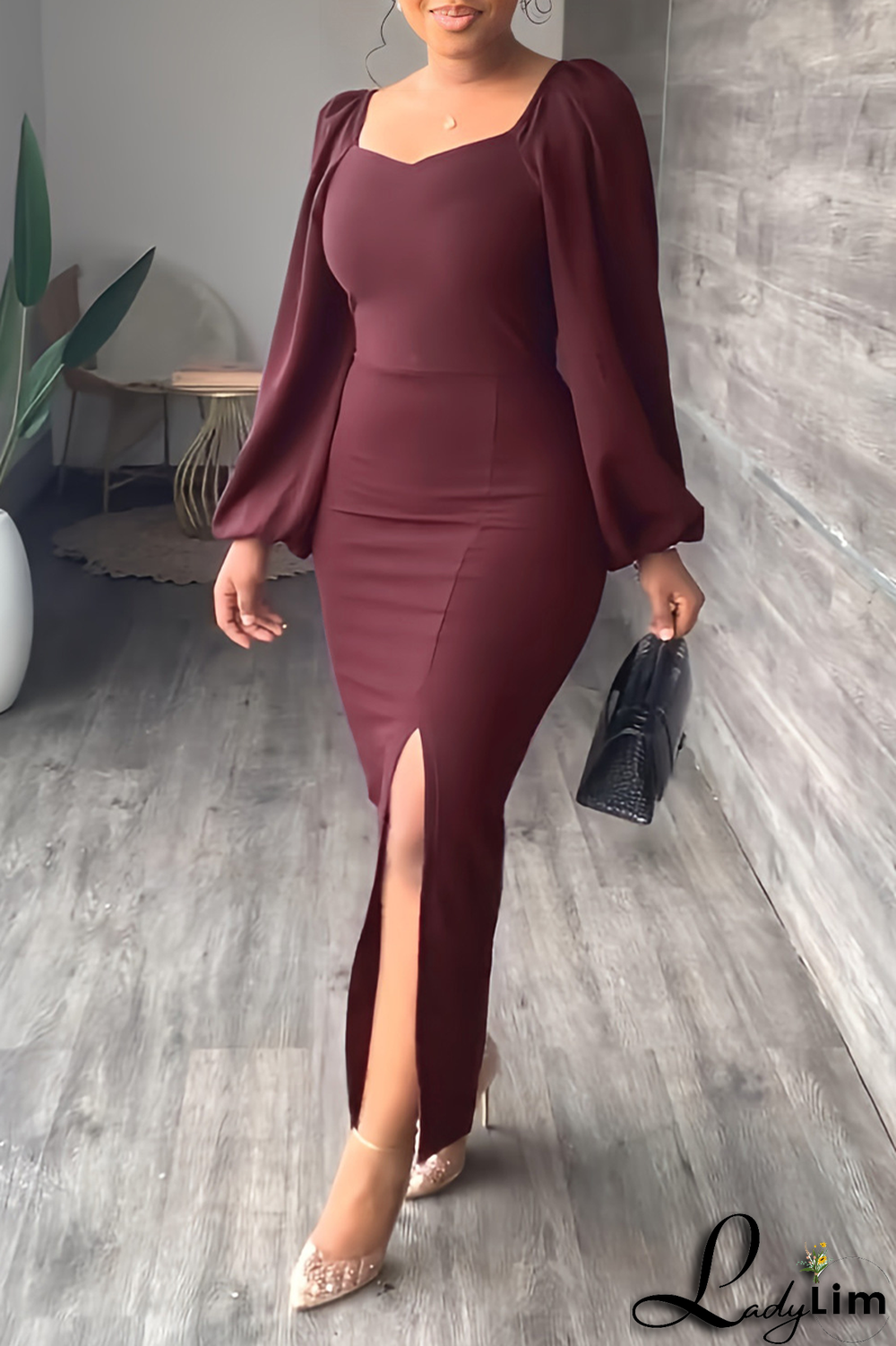 Sky Blue Fashion Solid High Opening Square Collar Pencil Skirt Dresses