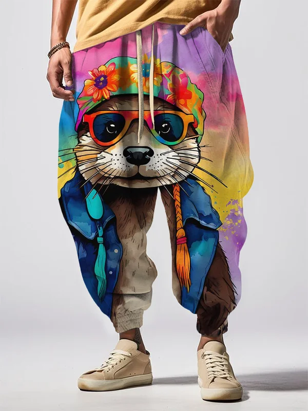 Men's Hippie Otter Watercolor Art Print Loose Drawstring Waist Sweatpants