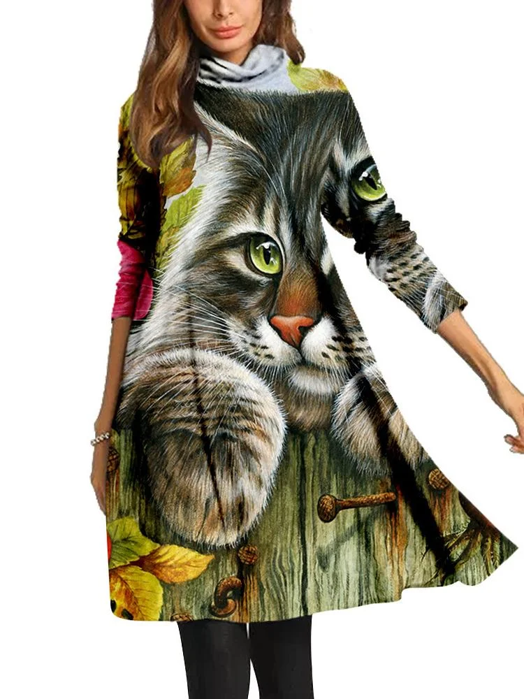 Women Long Sleeve Scoop Neck Printed Midi Dress