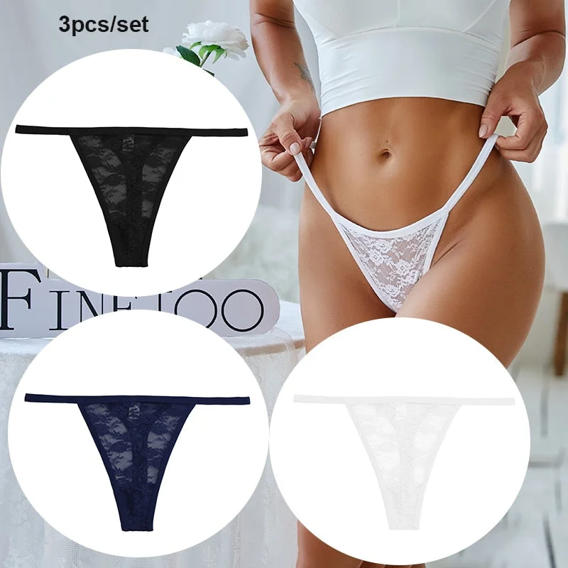 FINETOO 3PCS/Set Women Lace Sexy G-string Perspective Lingerie Temptation Panties Thong Underwear Panty Female Intimates M-XL