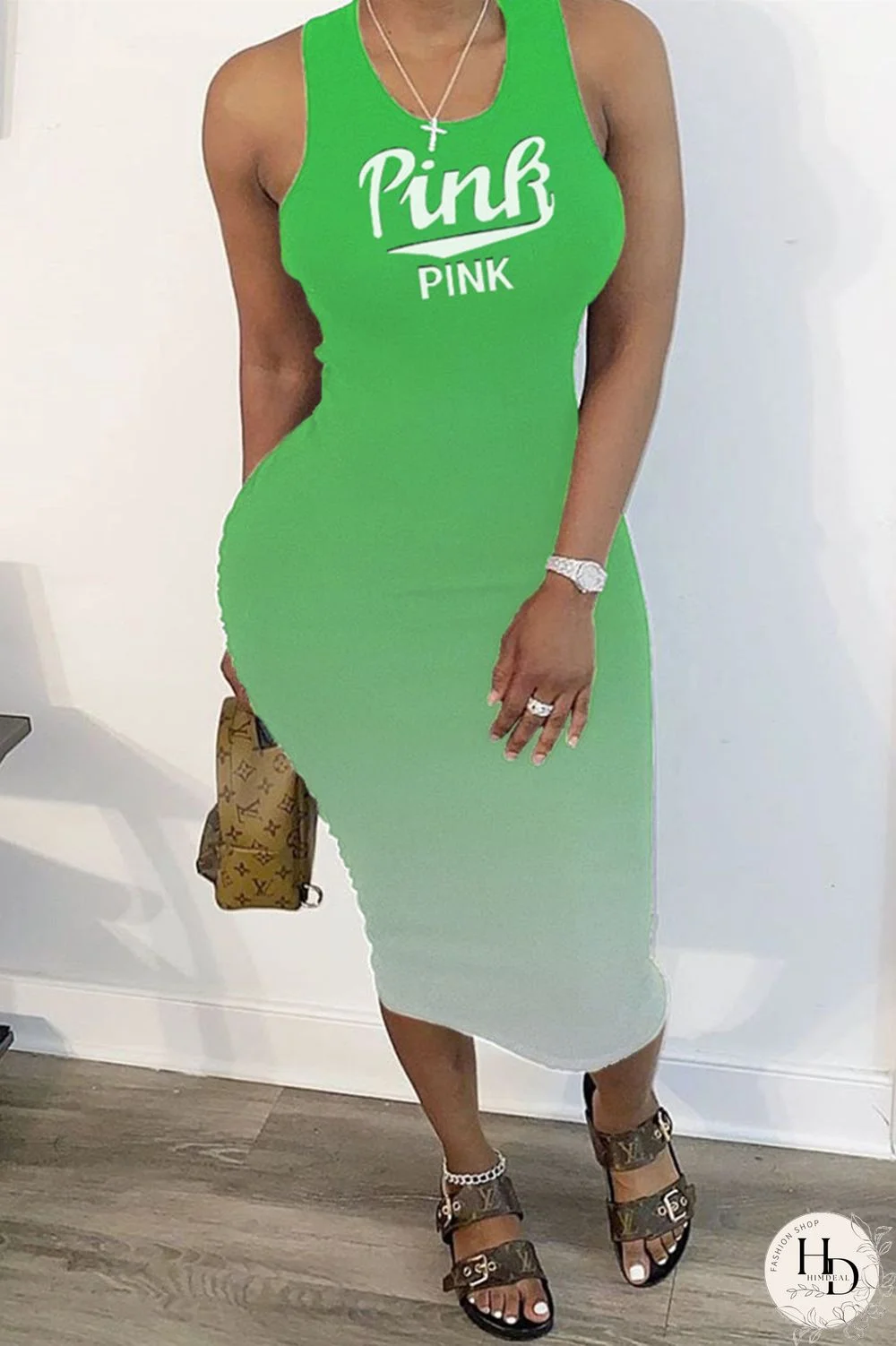 Rose Red Fashion Casual Gradual Change Letter Print Basic U Neck Vest Dress