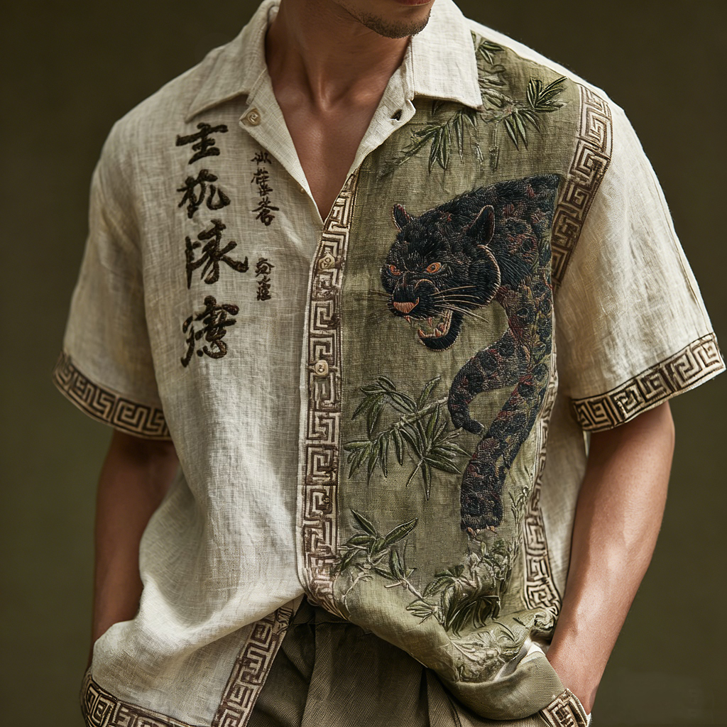 Retro Black Panther And Calligraphic Bamboo Leaf Pattern Casual Linen Shirt elevenforest
