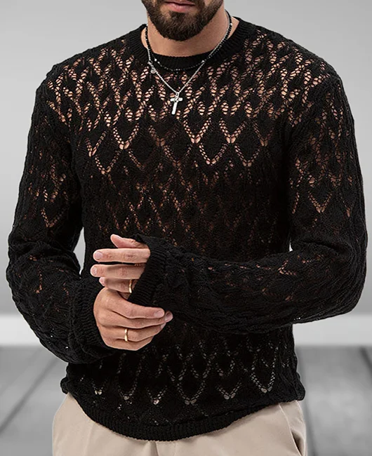 Casual Crew Neck Hollow Long Sleeve Knitted Sweater 