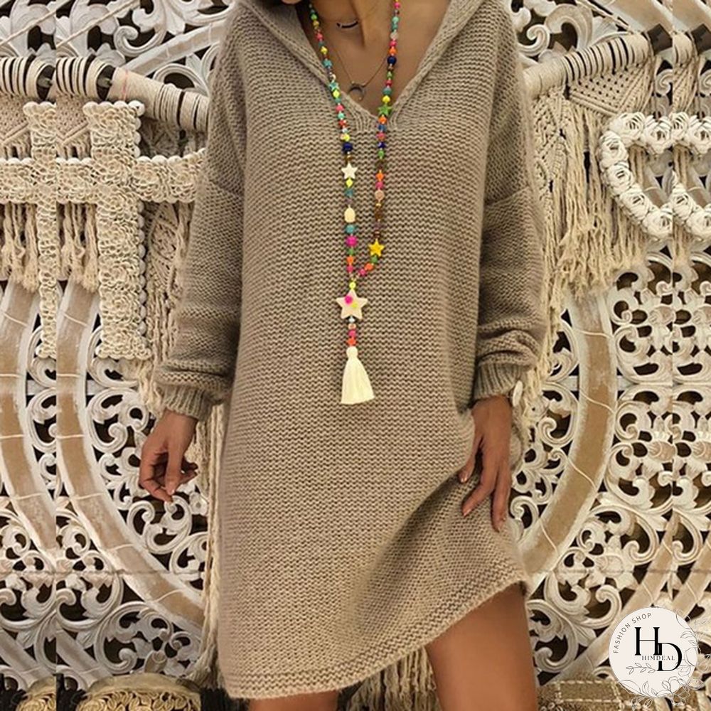 5 Color Autumn New Women Fashion Casual Style Long Sleeve Knitted Sweater Solid Color Knitted Dress Long Hooded Pullovers Sweater Plus Size
