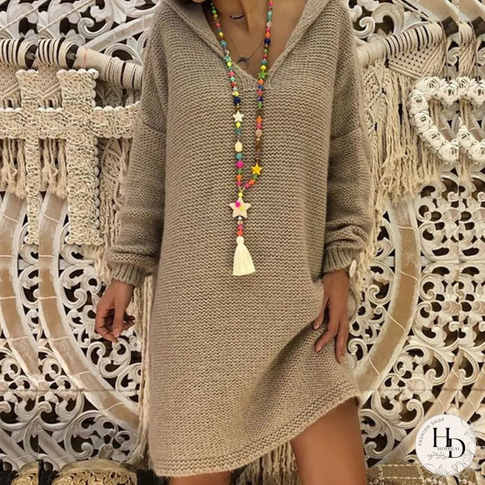 5 Color Autumn New Women Fashion Casual Style Long Sleeve Knitted Sweater Solid Color Knitted Dress Long Hooded Pullovers Sweater Plus Size