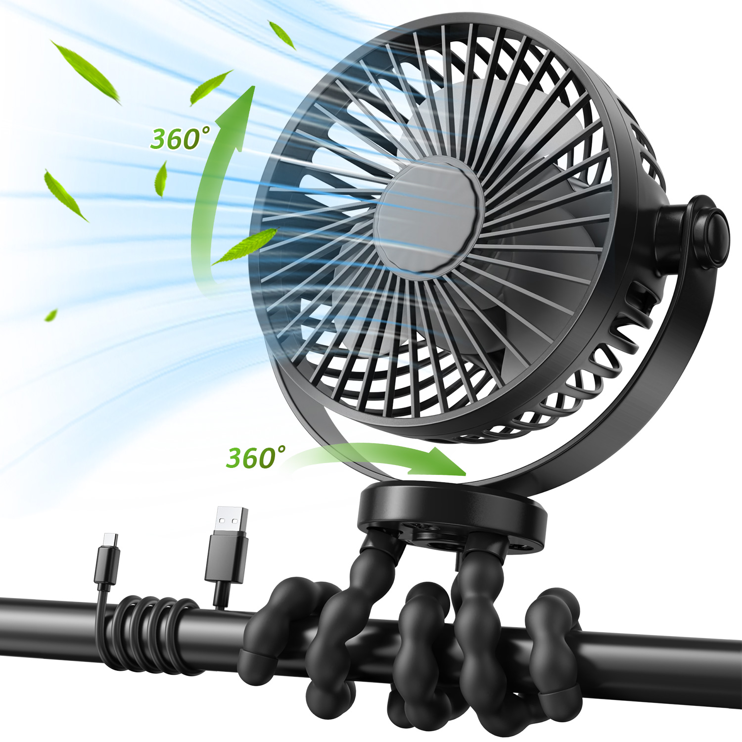 10000mAh Portable Stroller Fan, 90° Auto Oscillation, 3-IN-1 with Power Bank LED Light Detachable Flexible Tripod Rechargeable Battery Powered Clip On Fans Desk for Baby Crib Car Seat Travel