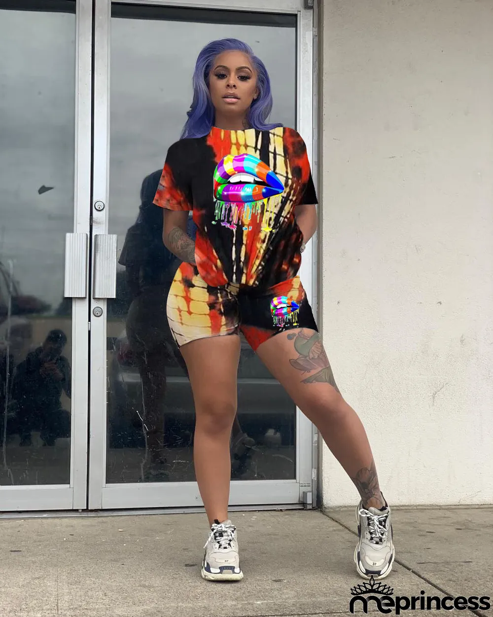 Plus Size Tie Dye Lips Print Two Piece Shorts Set