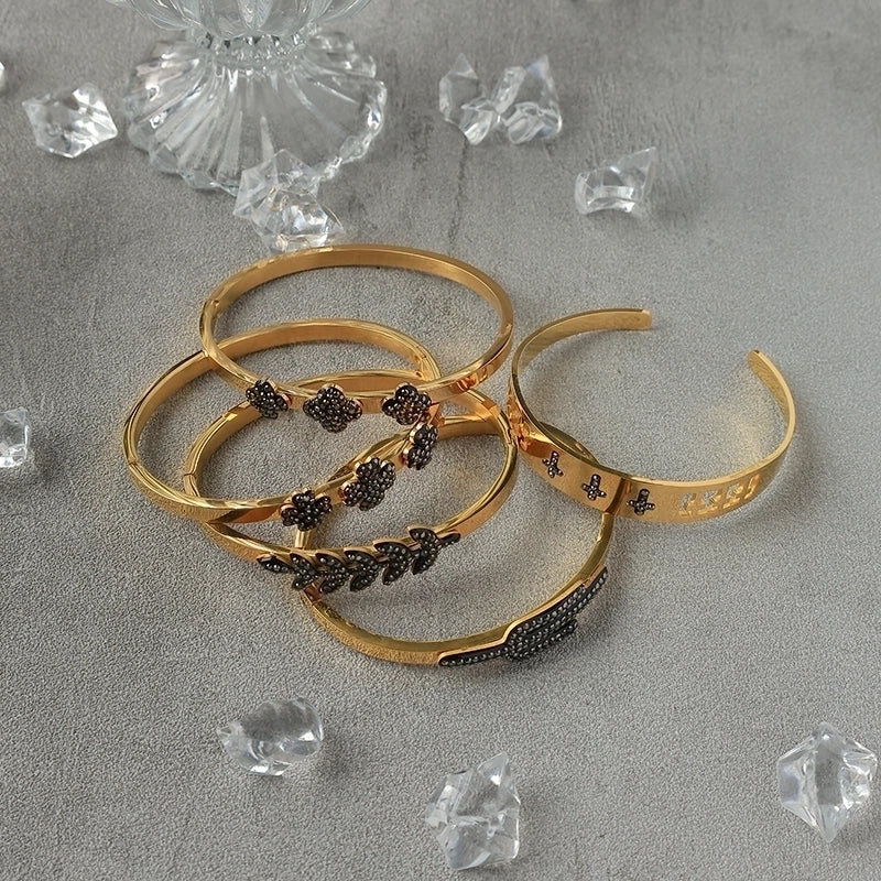 Elegant Streetwear Commute Cactus Cross Flower 304 Stainless Steel 14K Gold Plated Zircon Bangle In Bulk