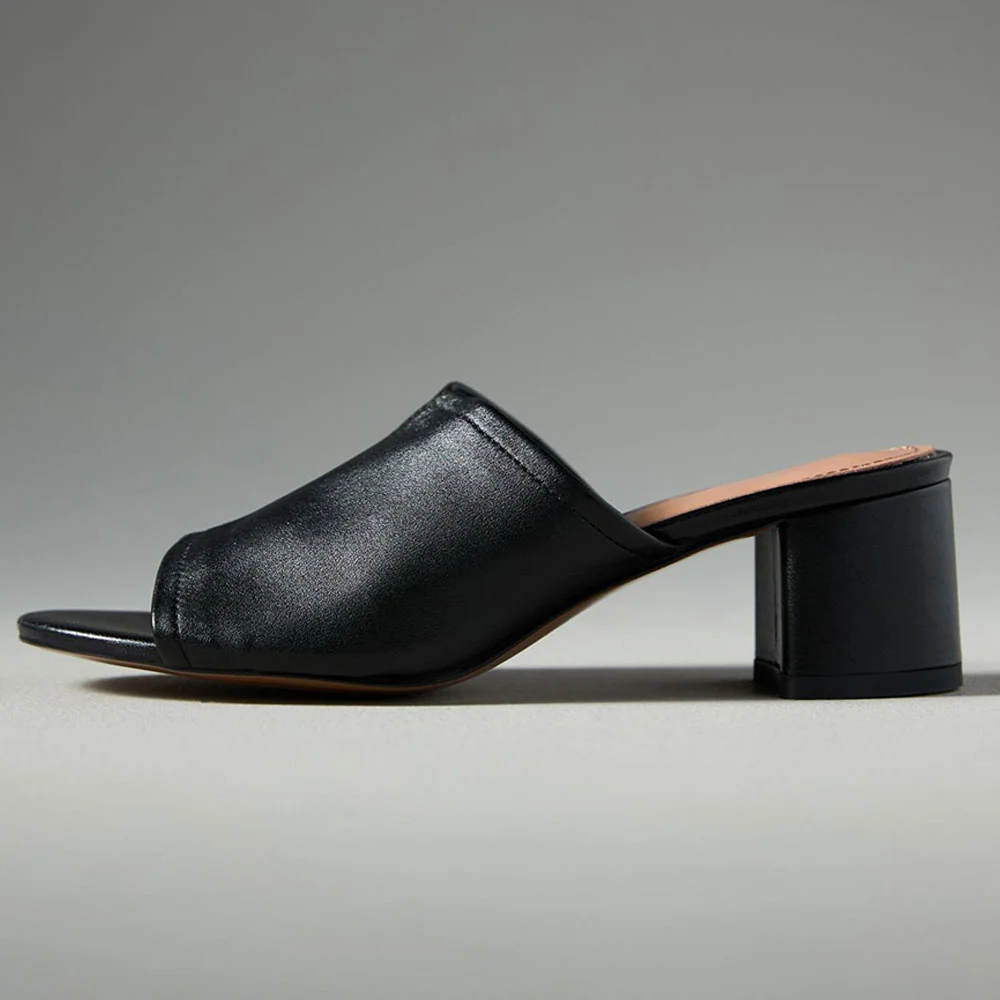 Black Vegan Leather Chunky Heel Open Round Toe Mules for Women