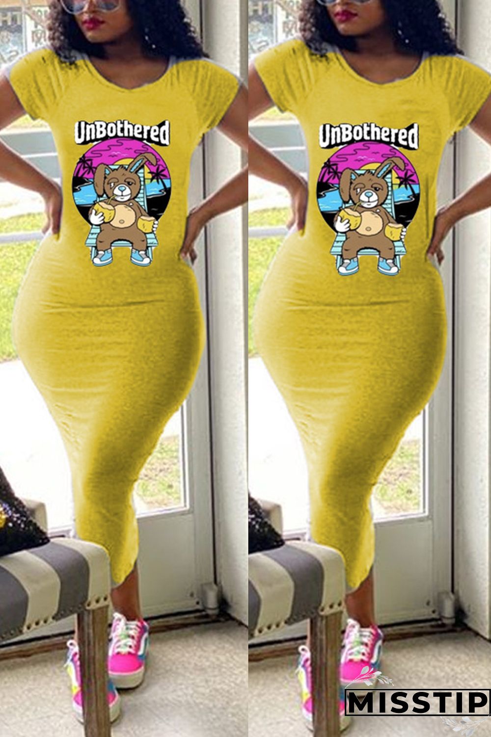 Yellow Fashion Cartoon Print Short Sleeve Dress