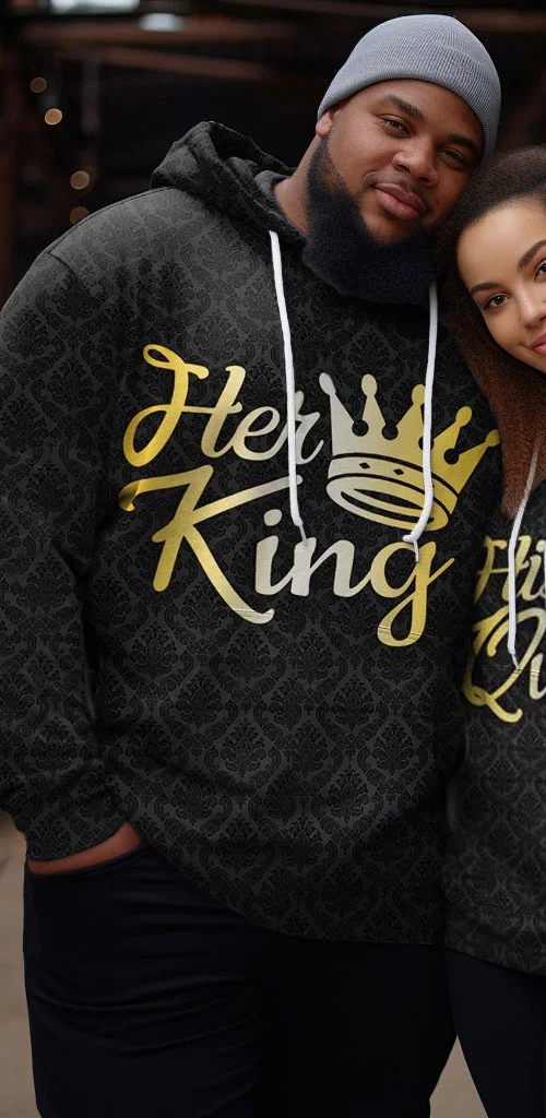 Couple's Plus Size Matching 3D Hoodie Her King His Queen Long Sleeve Sweatshirt