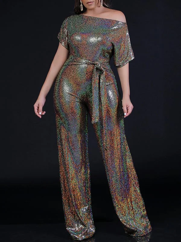 Casual Loose Short Sleeve Sequined Belted Wide Leg Jumpsuit