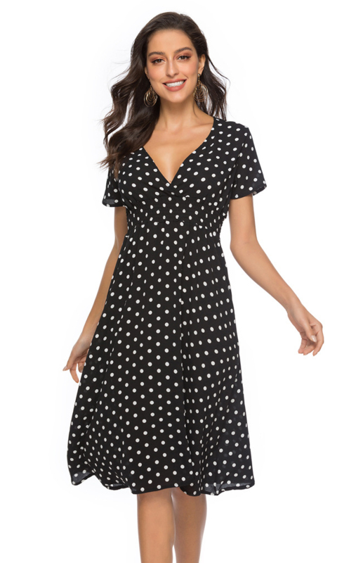Mature Women Summer Fashion Polka Dot Print V-Neck Short Sleeve Dress
