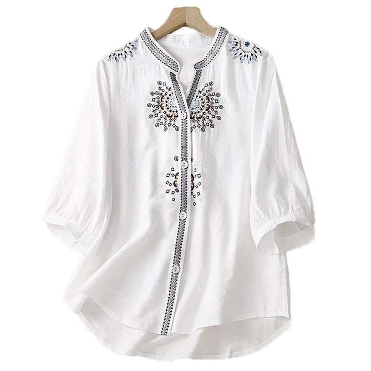 Women's Bohemian Shirt Embroidery Floral Mid Sleeve Shirt Top