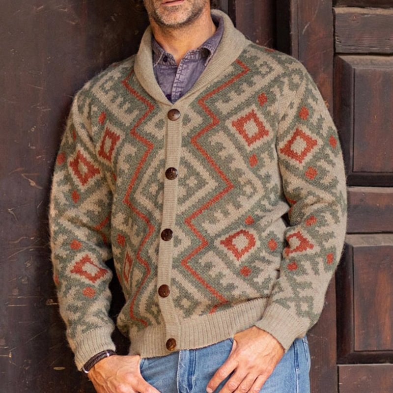 Men's Casual Vintage Long Sleeve Jacquard Sleeve Lapel Knit Sweater