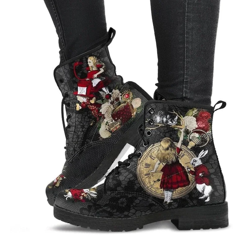 Qengg Women's Shoes Women's Winter 2021 Boots Shoes Women's Tooling Boots Skull and Flower Print High-top Boots 2022