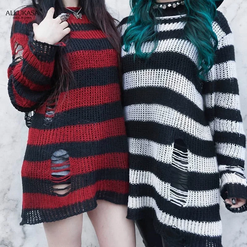 2021 Women Man  Sweater Dress Punk Gothic Long Unisex Cool Hollow Out Hole Broken Striped Jumper Loose Rock Thin Sweater