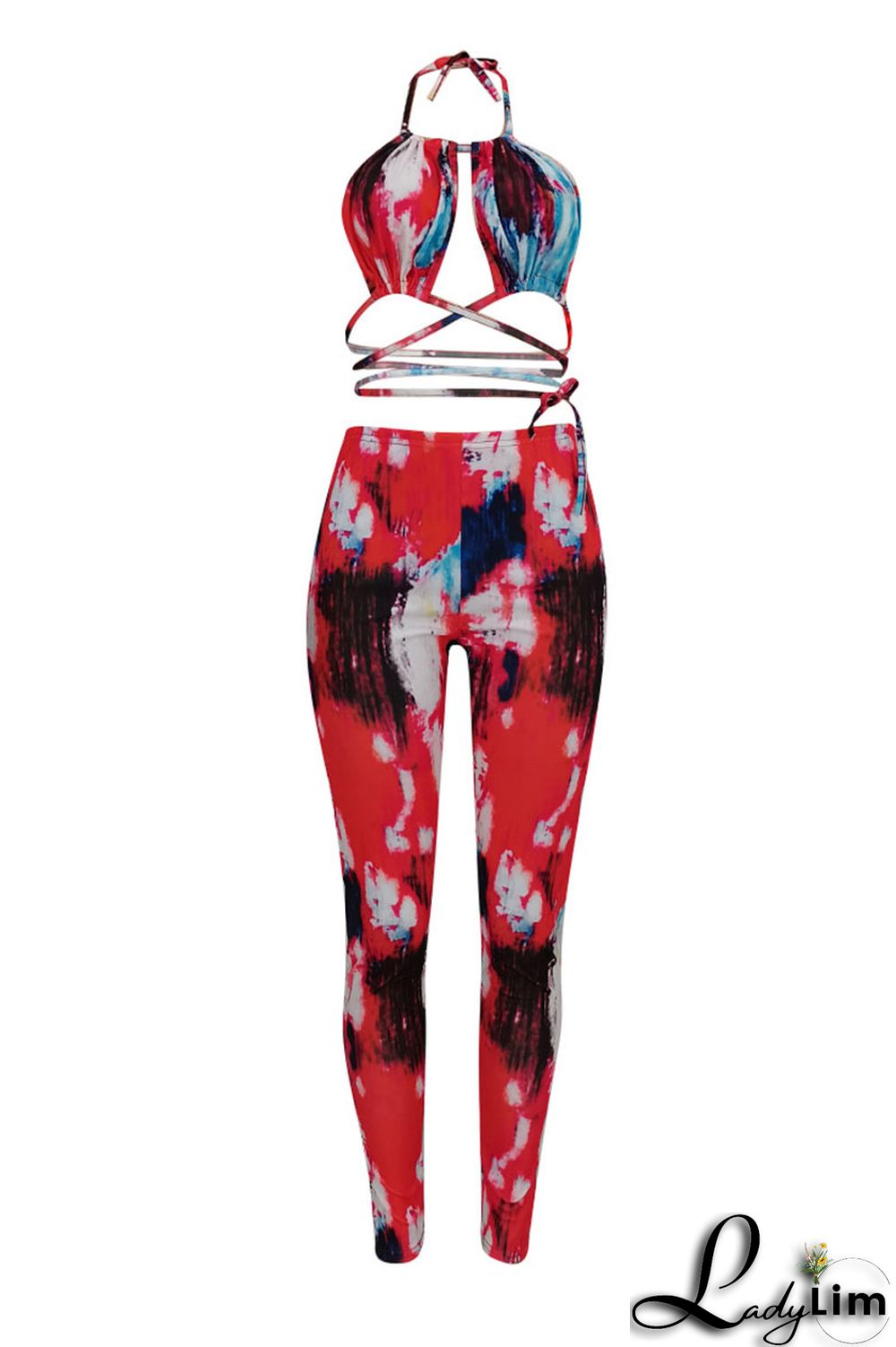 Red Sexy Print Split Joint Backless Halter Sleeveless Two Pieces