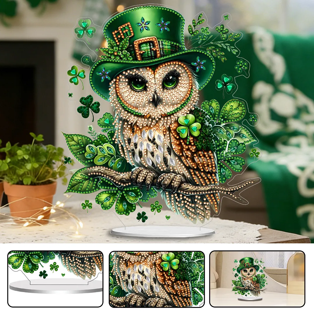 2D Flat DIY St Patricks Day Owl Diamond Painting Tabletop Ornaments Kit Special Shape Crystal Art Craft Decoration Single Side Drill for Living Room Home Office