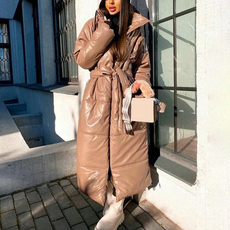 Hooded Faux Leather Parkas Women Fashion Winter Coats Women Elegant Tie Belt Side Split Long Cotton Jackets Female Ladies