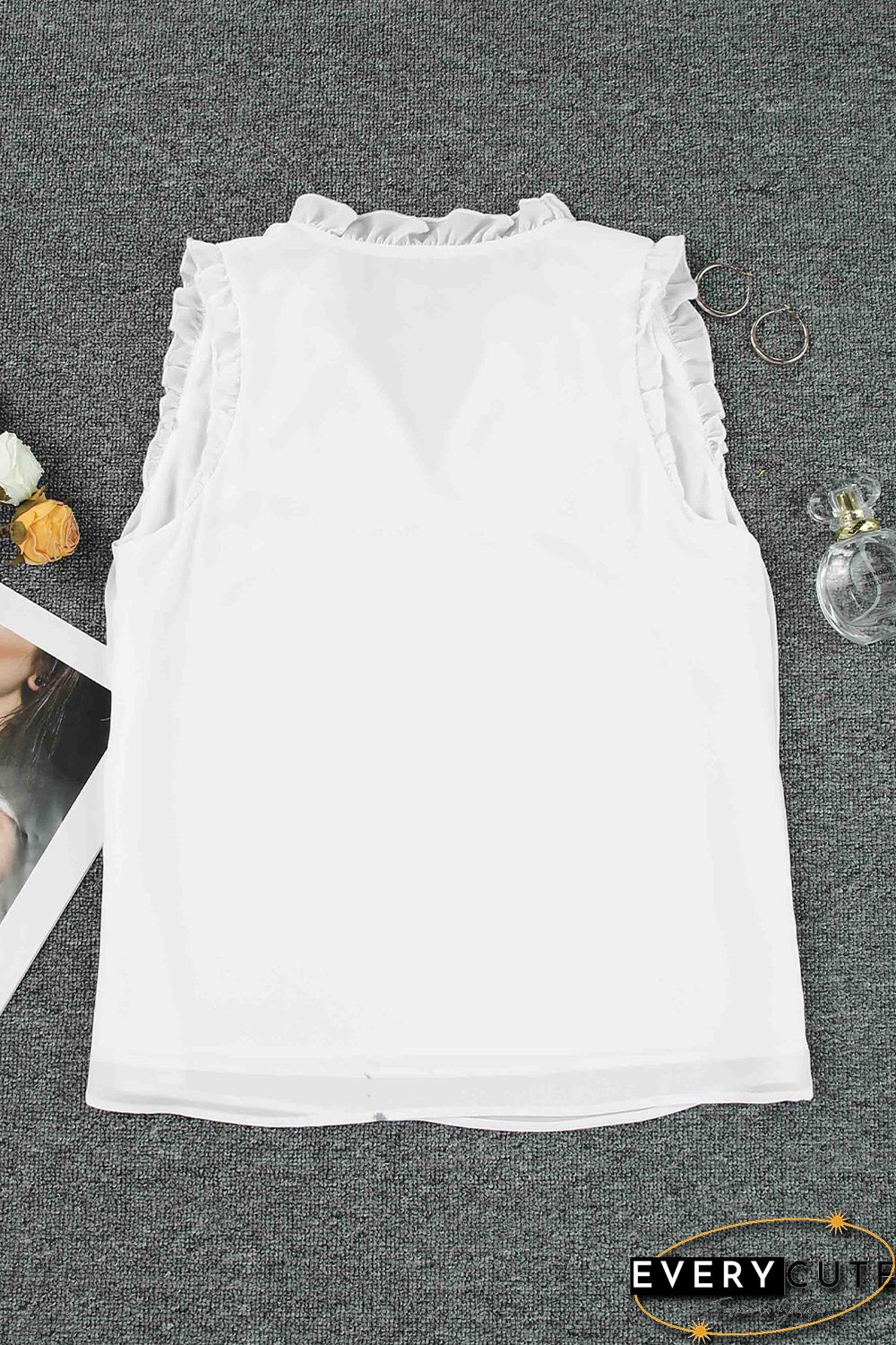 White Solid Color V Neck Frill Trim Tank Top