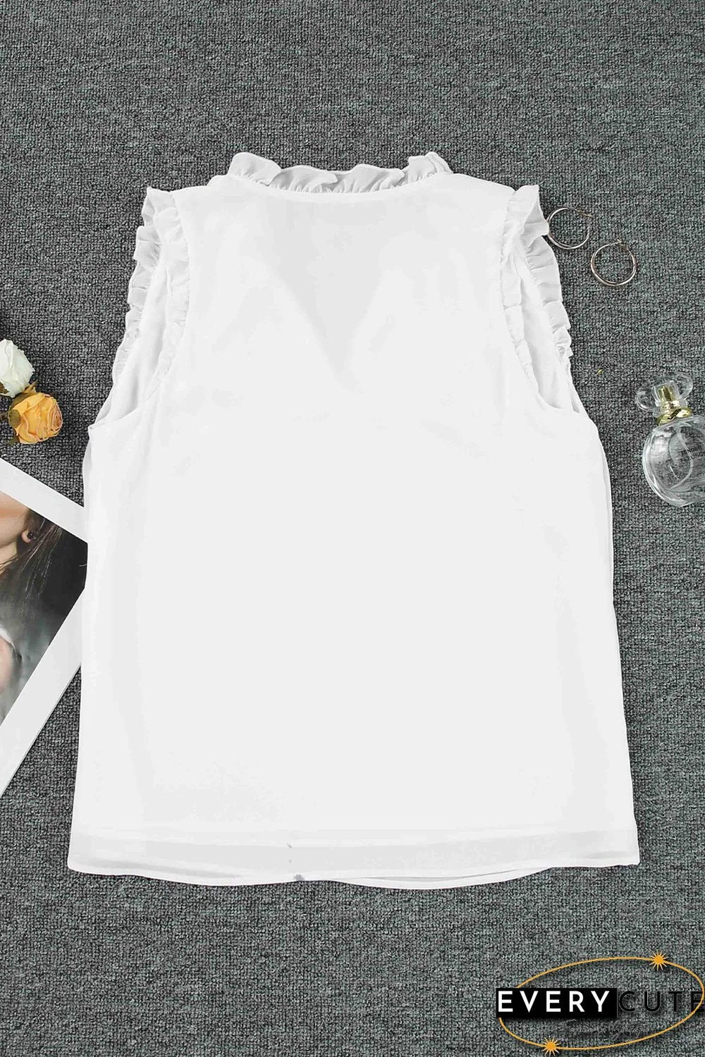 White Solid Color V Neck Frill Trim Tank Top