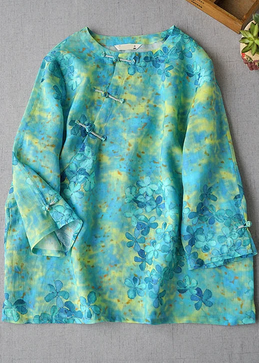 Chinese Style Green Print Linen Top Three Quarter sleeve