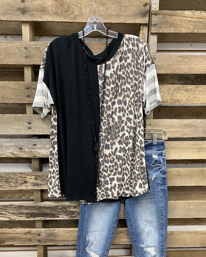V-Neck Leopard Print Casual T-Shirt