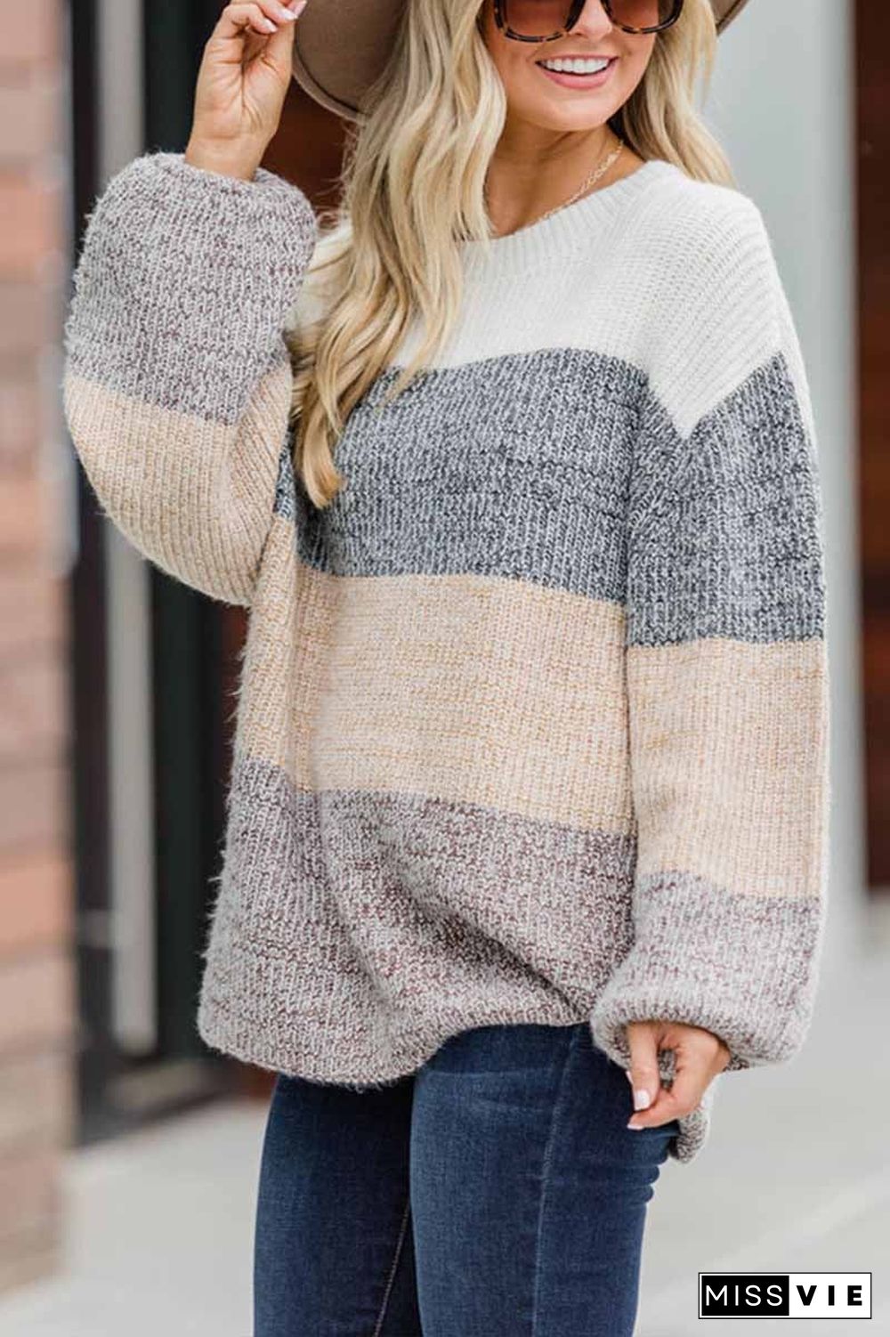 Contrast Striped Loose Round Neck Sweater