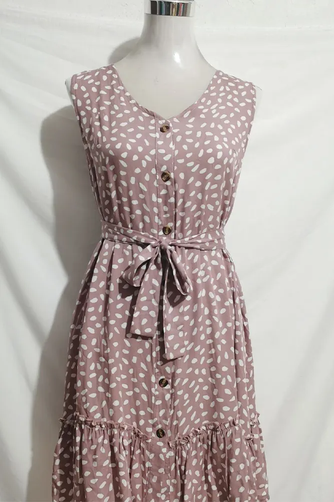 V Neck Buttoned Printed Sleeveless Dress With Sash