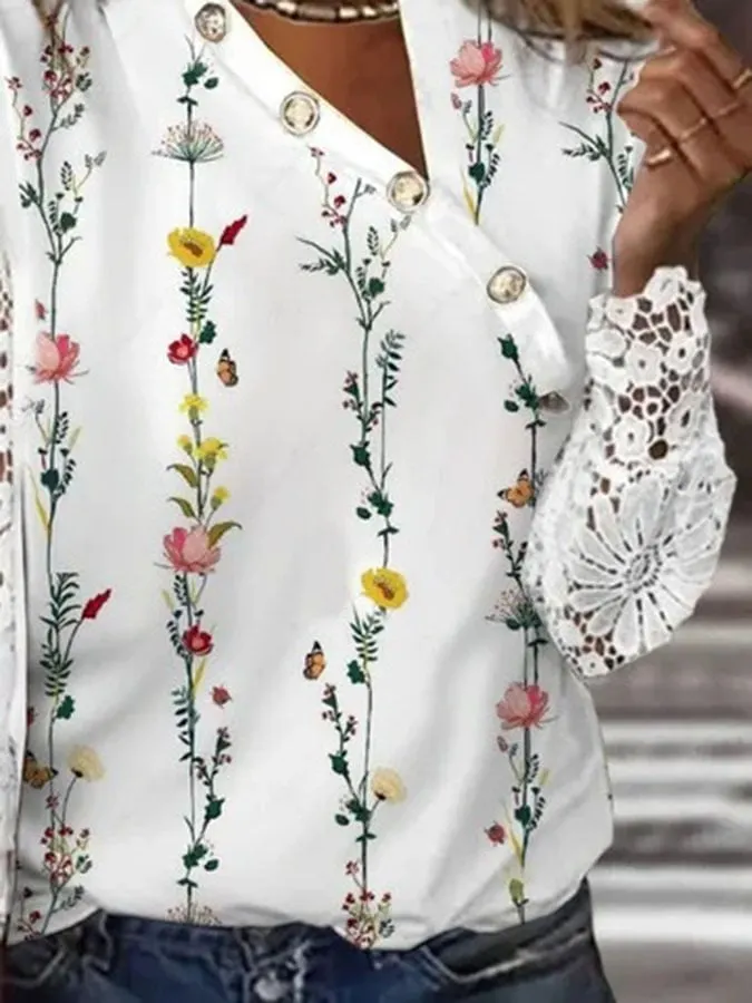 Loose And Comfortable Casual Button Printed T-shirt