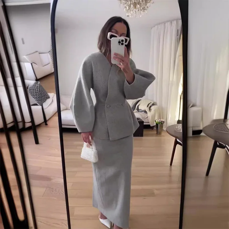 Repotas Elegant White Jackets Skirts Set Women Lapel V-neck Long Lantern Sleeved Coat 2 Pieces Female 2025 Autumn Lady All-match Outfits