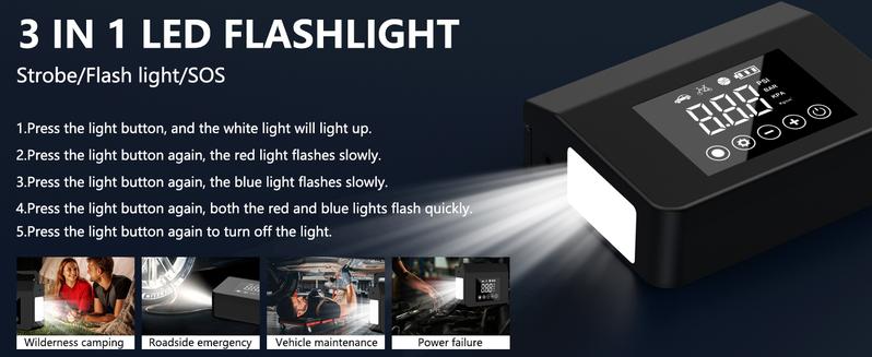 Product Introduction of 【Hieha】Portable Car Jump Starter with Air Compressor,4000A Car Battery Jump Starter (ALL Gas/7.0L Diesel) with 150PSI Tire Inflator, 12V Car Battery Jump Power,15000mAh Power Bank With LED Light 7