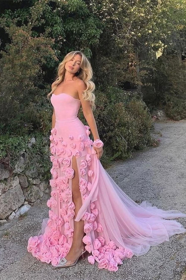 Bellasprom Pink Strapless Tulle Formal Wears Long Split With Flowers Bellasprom