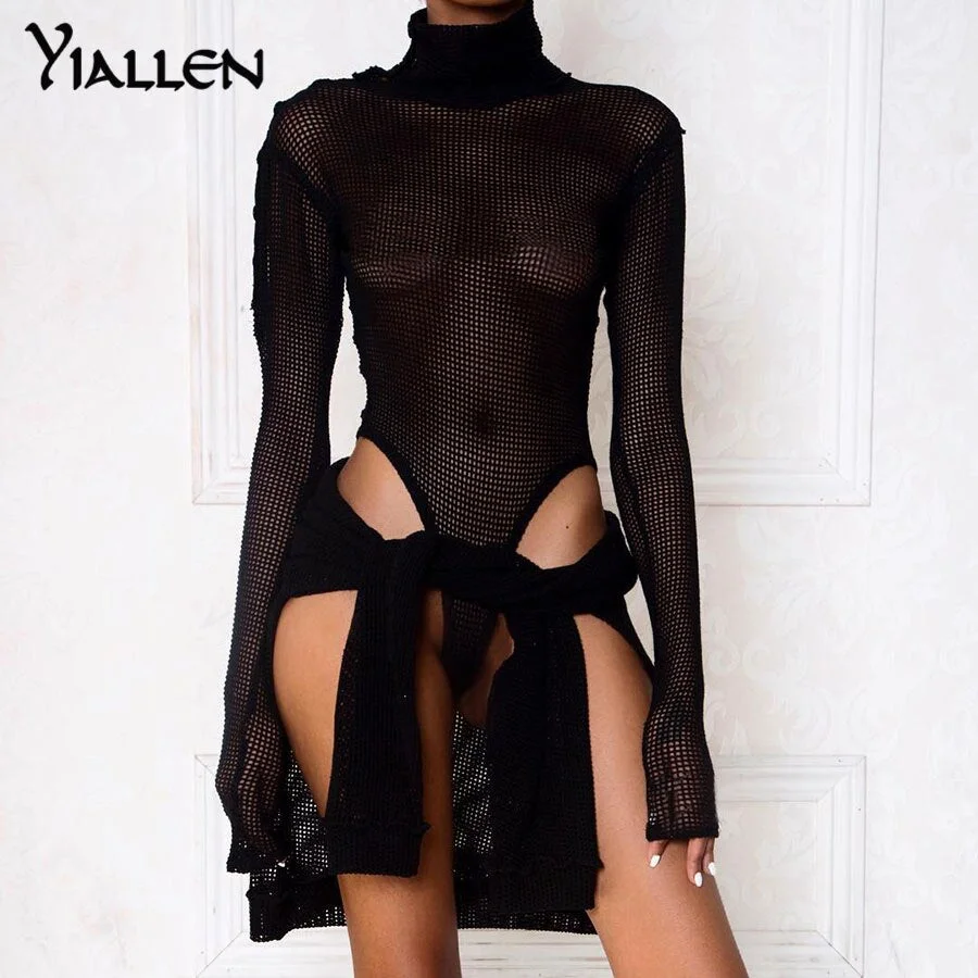 Yiallen Summer Sexy See Through Grid Bodysuit Women Solid Long Sleeve Button Slim Bodycon Elastic Fashion Streetwear Clothing