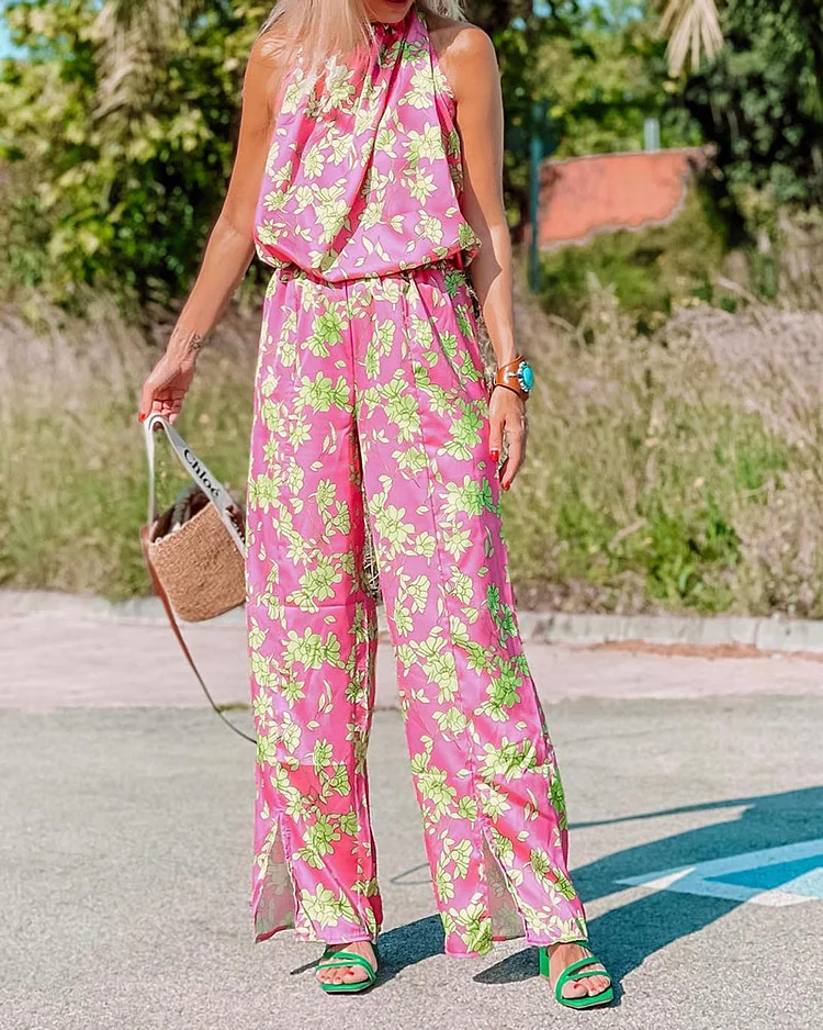 Summer BOHO style floral hanging neck straight jumpsuit