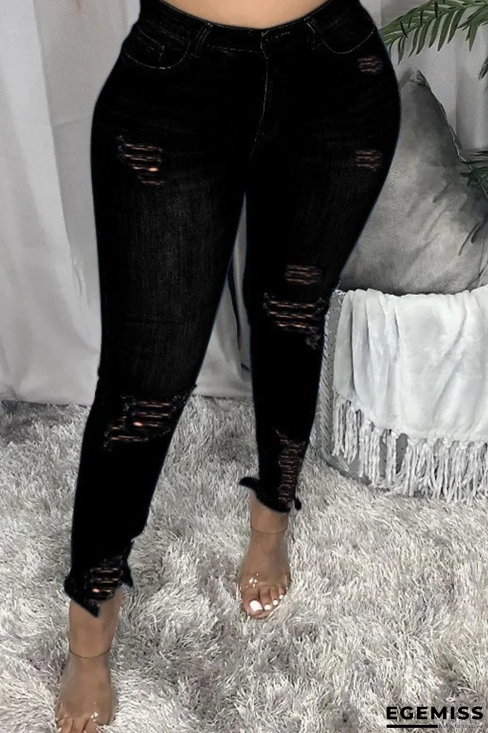 Black Fashion Casual Solid Ripped Plus Size Jeans | EGEMISS