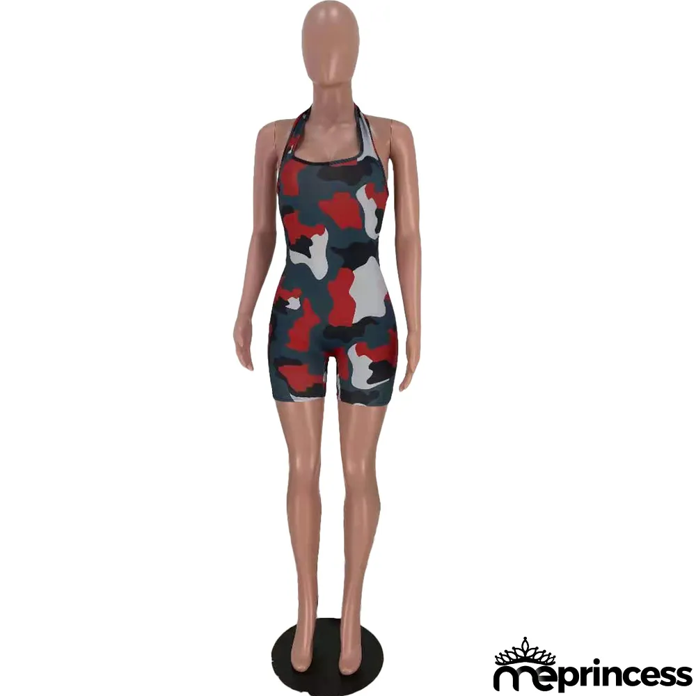 Camouflage Printed Hanging Neck Sexy Casual Rompers