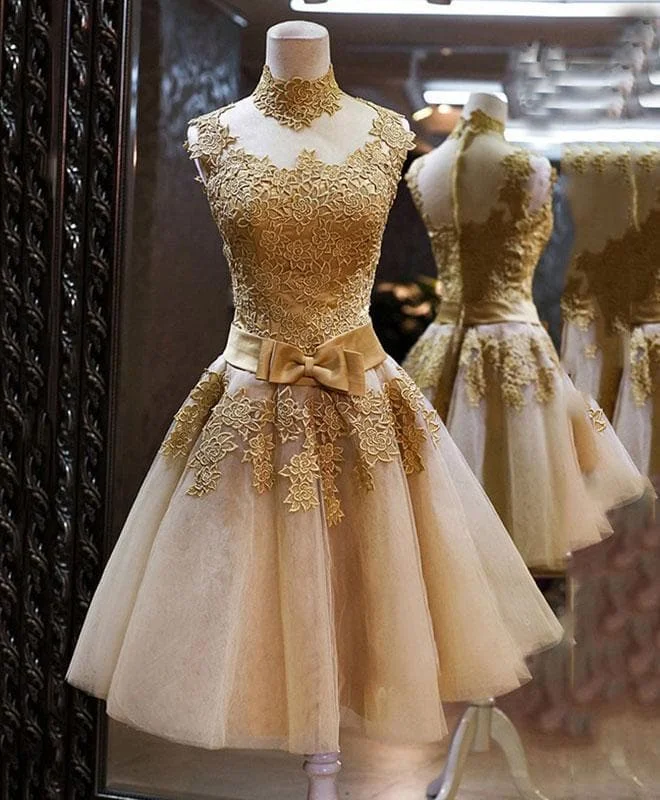 Gold Lace High Neck Short Prom Dress, Homecoming Dress