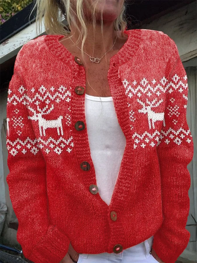 Women's Christmas  Printing Flowers Knit Cardigan