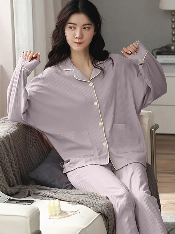 Casual Roomy 8 Colors Buttoned Notched Collar Long Sleeves Blouse&Elasticity Pants Pajamas Set
