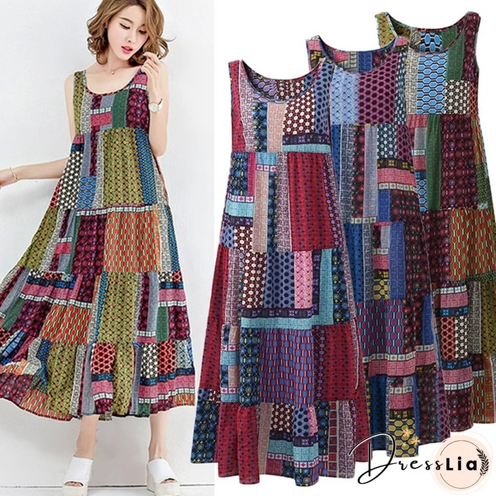 Fashion Women Sleeveless O-neck Vest Dress Irregular Print Sundress Casual Loose Dress