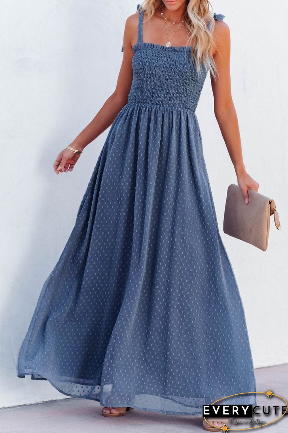 Sky Blue Smocked Swiss Dot Maxi Dress