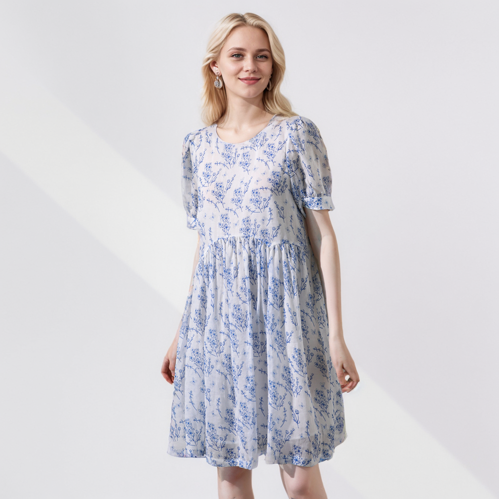 Pure Ramie Dress White Print Sweet Bubble Sleeves REAL SILK LIFE
