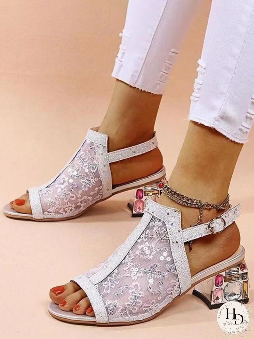 Mesh Sequined Fish Mouth Chunky Heel Sandals